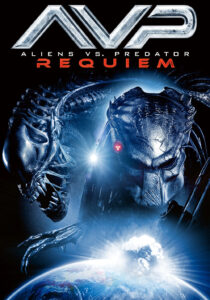 A Predator and an Alien xenomorph face to face in a dark, rainy alley from AVPR: Aliens vs Predator - Requiem.