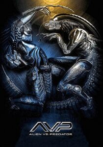An Alien xenomorph and a Predator facing off in an ancient pyramid for AVP: Alien vs. Predator.