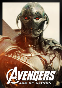 Ultron villain from Avengers Age of Ultron with metallic body and glowing red eyes in menacing pose