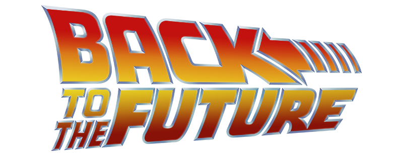 Michael J. Fox as Marty McFly in a puffer vest next to the DeLorean time machine.