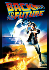 Michael J. Fox as Marty McFly in a puffer vest next to the DeLorean time machine.