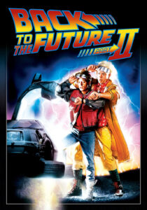 Michael J. Fox as Marty McFly and Christopher Lloyd as Doc Brown with a futuristic hoverboard.
