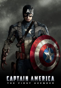 Captain America in his star-spangled uniform holding his iconic vibranium shield.