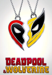 Deadpool and Wolverine stand back-to-back, ready for a fight in a chaotic, colorful universe.