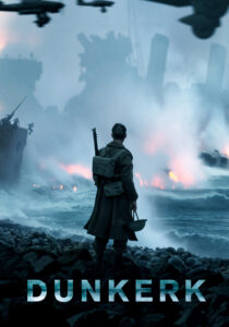 Three soldiers from the movie Dunkirk wading into the sea looking toward waiting rescue ships.