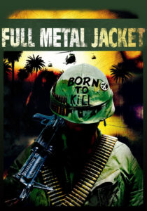 Marine recruits from Full Metal Jacket wearing helmets with "Born to Kill" and peace symbol pins.