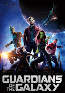 The Guardians of the Galaxy team standing together: Star-Lord, Gamora, Rocket, Groot, and Drax.
