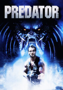Arnold Schwarzenegger as Dutch Schaefer aiming his machine gun in the Predator movie poster.