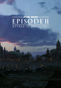 Official Star Wars: Episode II - Attack of the Clones movie poster featuring a young Anakin Skywalker and Padmé Amidala standing back-to-back with lightsabres ignited, with a massive clone army in the background.