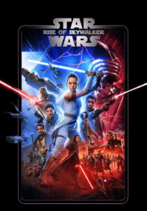 Star Wars The Rise of Skywalker poster featuring Rey and Kylo Ren with their ignited lightsabers.
