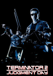 Arnold Schwarzenegger as the T-800 Terminator holding a shotgun while riding a motorcycle with John Connor.