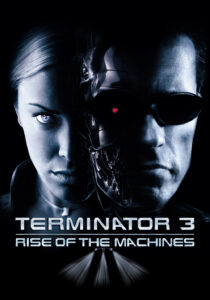 Arnold Schwarzenegger as the T-800 Terminator facing the T-X female Terminator in a fiery showdown.