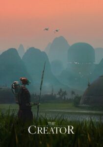 A soldier and a robotic child with a synthetic scalp standing together in a war-torn landscape from The Creator.