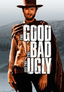Clint Eastwood, Lee Van Cleef, and Eli Wallach as the Good, the Bad, and the Ugly in a dramatic standoff.