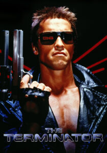 The Terminator, played by Arnold Schwarzenegger, holding a shotgun with his iconic black sunglasses and leather jacket.