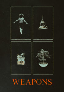 Mysterious teaser poster for Weapons (2025) showing a blurred, eerie figure in a school hallway.